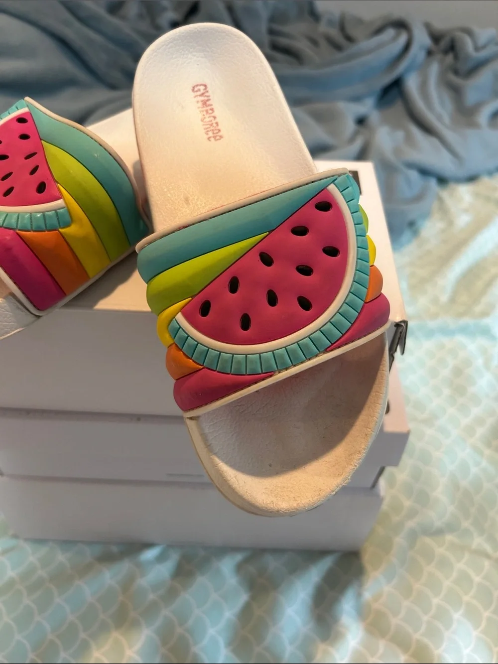 Girls White Slide Sandals with Colorful Watermelon Detail